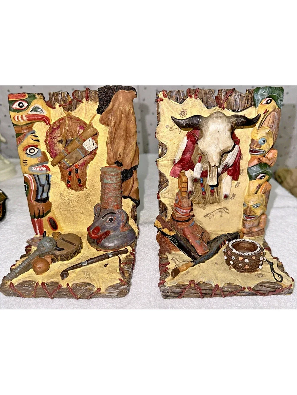 Native American Bookends Highly Detailed w/ Totems Culture Symbols Red Felt Vtg